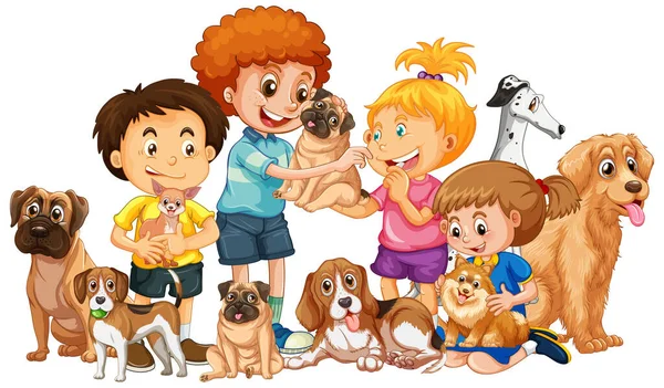 漫画風のイラストで犬と幸せな子供たち — ストックベクタ