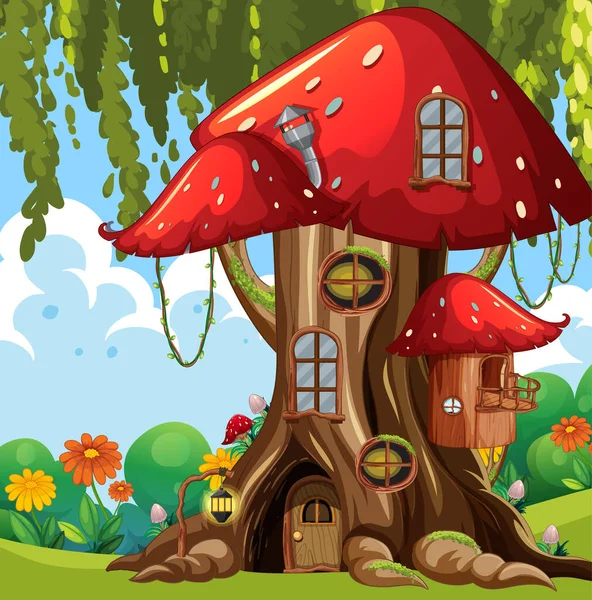 Paddenstoel Boom Huis Het Bos Illustratie — Stockvector