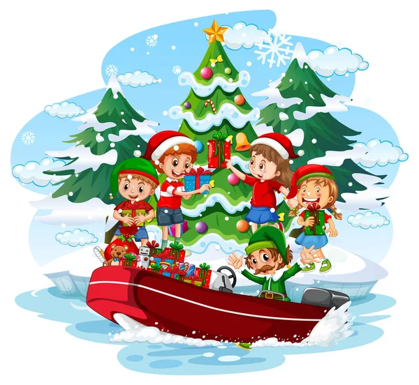 Christmas Elf Delivering Gifts Boat Illustration — Stock Vector