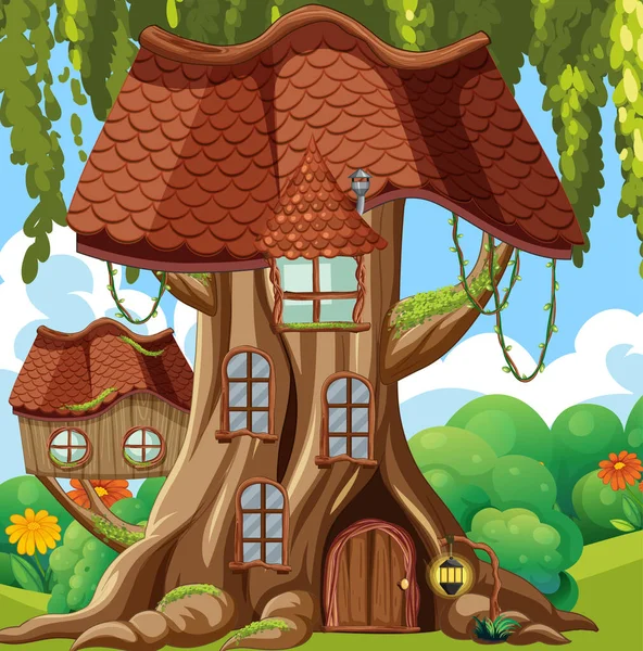 Fantasy Casa Sull Albero Nella Foresta Illustrazione — Vettoriale Stock