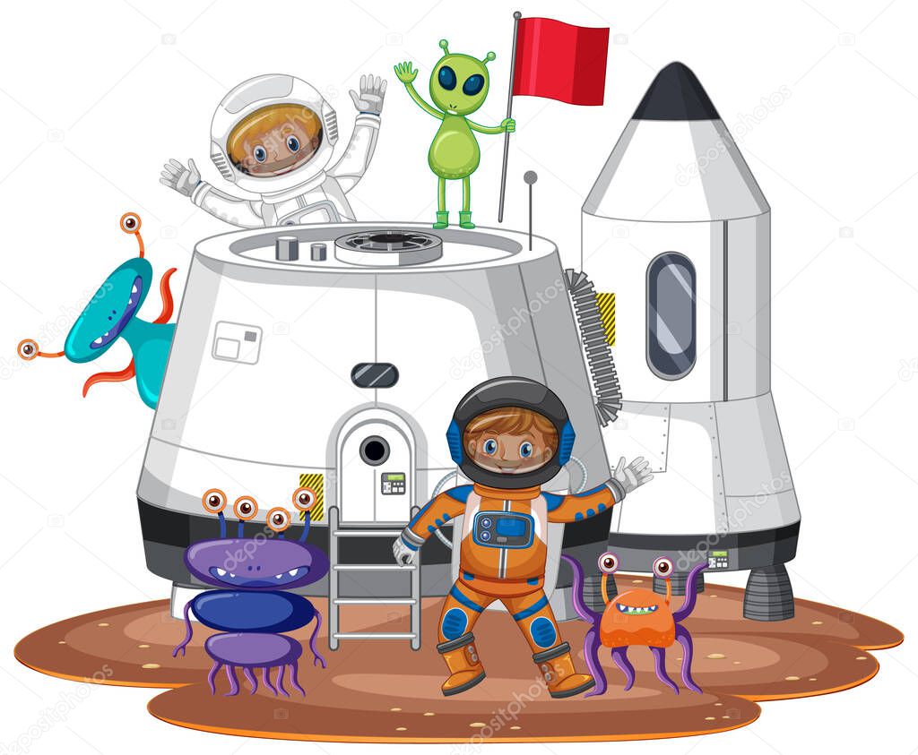 Astronauts on planet surface with colony buildings illustration