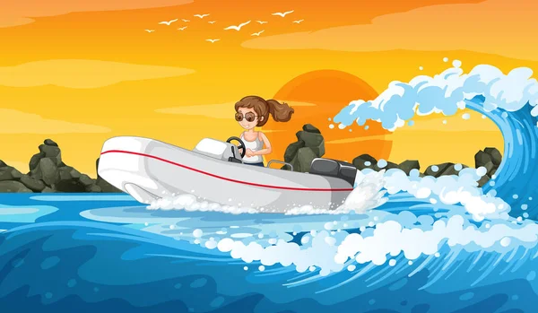 Пейзаж Океанских Волн Женщиной Рулем Иллюстрации Лодки — стоковый вектор