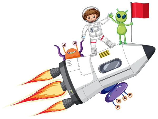 Astronauta Rocketship Com Alienígenas Ilustração Estilo Cartoon — Vetor de Stock