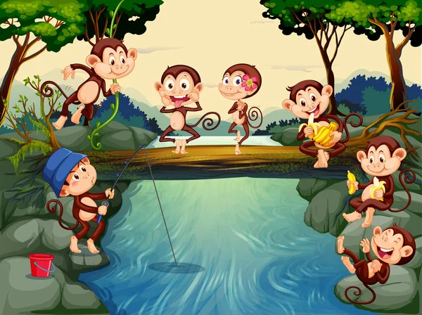 Bosque Escena Del Río Con Personajes Dibujos Animados Mono Ilustración — Vector de stock