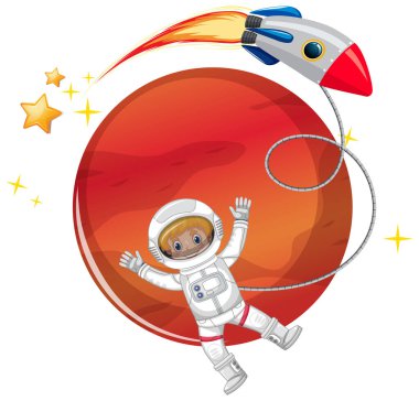 Gezegen ve roket çizimi ile izole edilmiş astronot