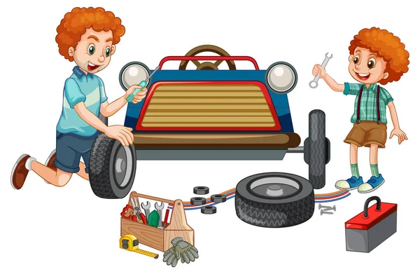 Zoon Repareren Samen Een Auto Illustratie — Stockvector