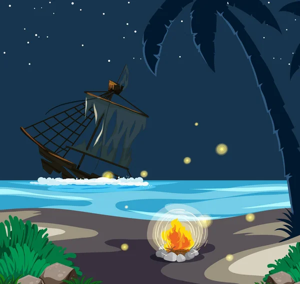 Barco Hundiéndose Mar Por Noche Escena Ilustración — Vector de stock