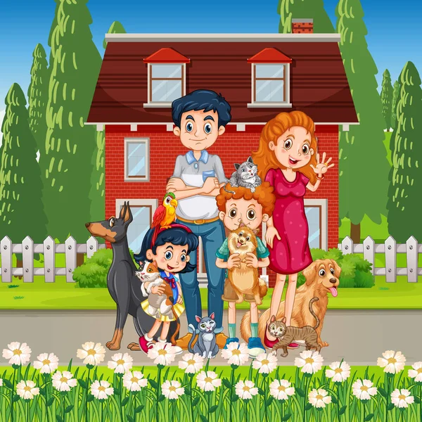 Adegan Luar Ruangan Dengan Ilustrasi Keluarga Dan Anjing Bahagia - Stok Vektor