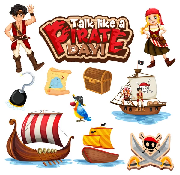 Set Personaggi Dei Cartoni Animati Pirata Oggetti Illustrazione — Vettoriale Stock