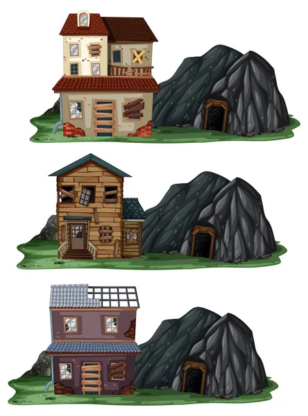 Conjunto Diferentes Casas Abandonadas Con Ilustración Cueva Roca — Archivo Imágenes Vectoriales