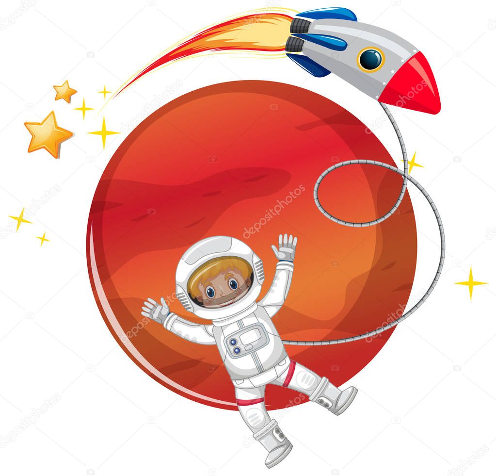 Isolated astronaut with planet and rocket illustration