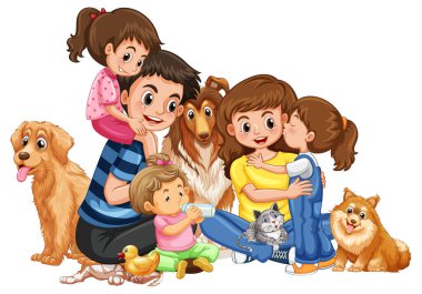 Beyaz arkaplanda köpekleri olan mutlu bir aile.