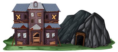 Beyaz arkaplanda kaya mağarası olan terk edilmiş bir ev.