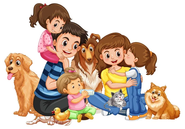 Família Feliz Com Seus Cães Fundo Branco Ilustração —  Vetores de Stock