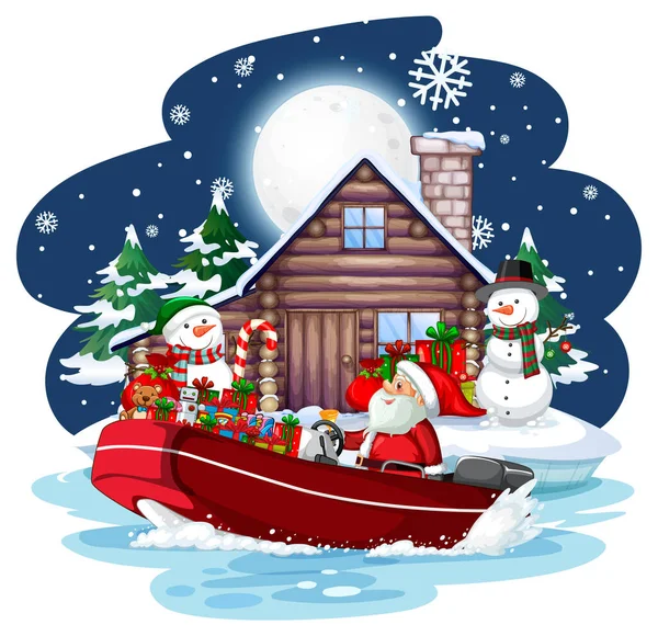 Kerstman Een Speedboot Besneeuwde Nacht Illustratie — Stockvector