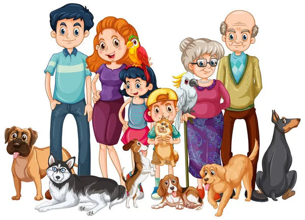 Anggota Keluarga Dengan Ilustrasi Hewan Peliharaan Mereka - Stok Vektor