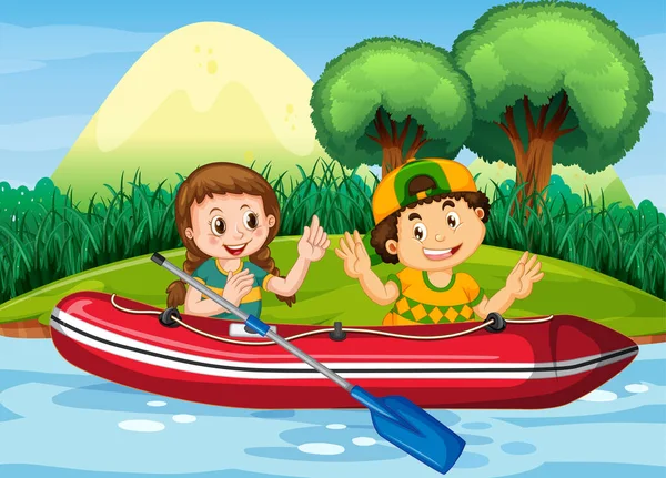 Paisaje Natural Con Niños Barco Inflable Ilustración — Vector de stock