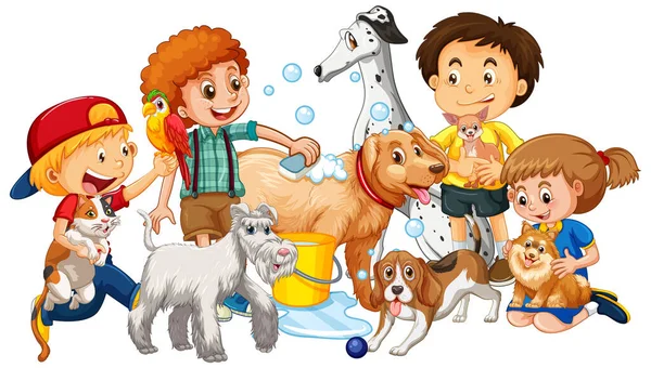Bambini Felici Con Loro Cani Illustrazione — Vettoriale Stock