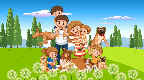 Outdoor Scene Happy Family Dogs Illustration — Stock Vector