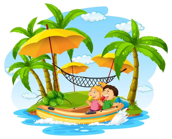 Isla Aislada Playa Con Los Niños Ilustración Inflable Del Barco — Vector de stock