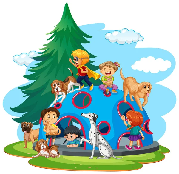 Crianças Brincando Com Seus Cães Playground Ilustração — Vetor de Stock