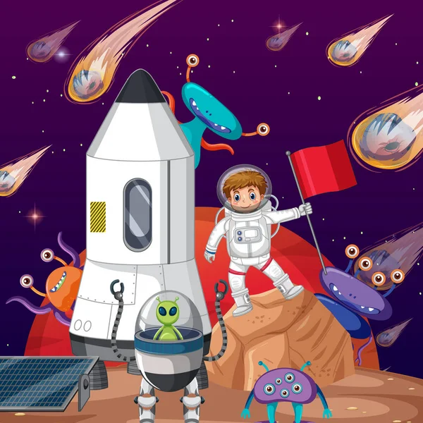 Buitenruimte Scène Met Astonaut Alien Cartoon Stijl Illustratie — Stockvector