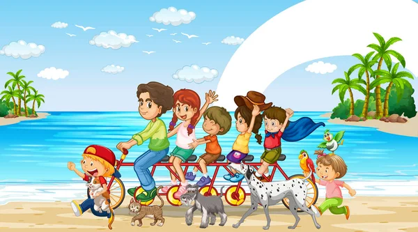 Strandszene Mit Glücklicher Familie Beim Gemeinsamen Fahrradfahren Illustration — Stockvektor