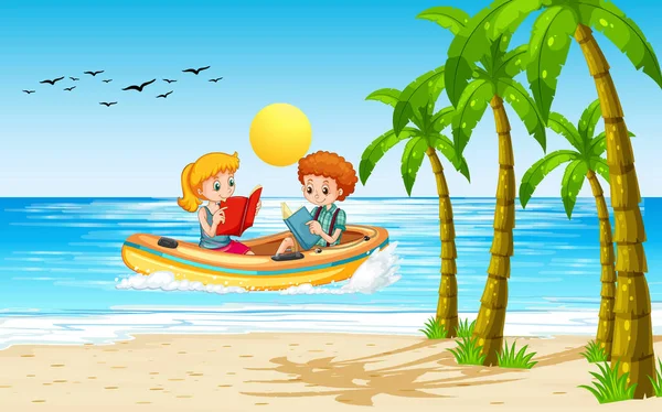 インフレータブルボートイラストで子供たちとビーチの風景 — ストックベクタ