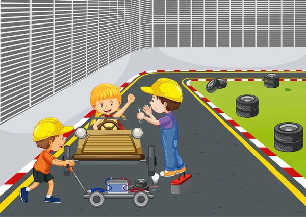 子供のレースカーイラストとSoapboxダービーシーン — ストックベクタ