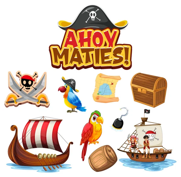 Conjunto Personagens Desenhos Animados Piratas Objetos Ilustração —  Vetores de Stock