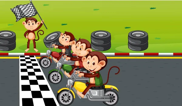 Escena Pista Carreras Con Monos Montando Motocicletas Ilustración — Vector de stock