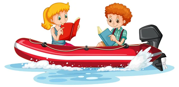 Casal Crianças Lendo Livros Sobre Ilustração Barco — Vetor de Stock