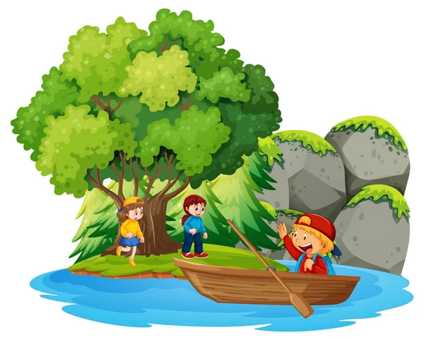 Isla Bosque Aislado Con Ilustración Personajes Dibujos Animados Para Niños — Vector de stock