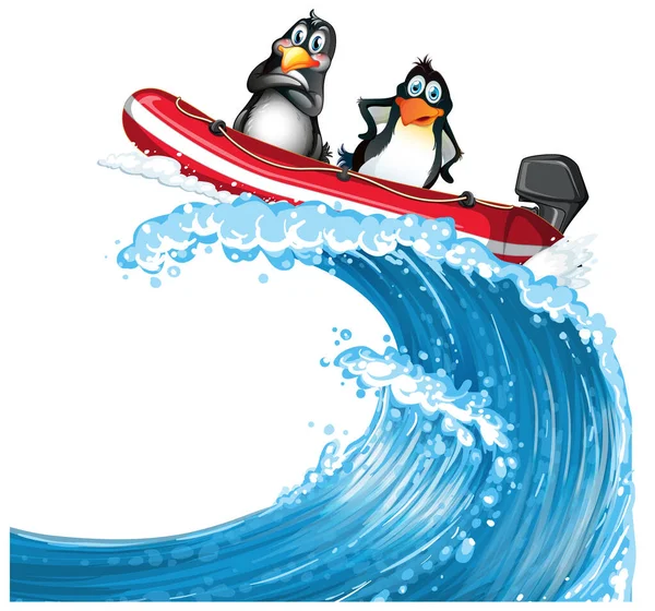 Penguins Speed Boat Cartoon Style Illustration — Stock Vector