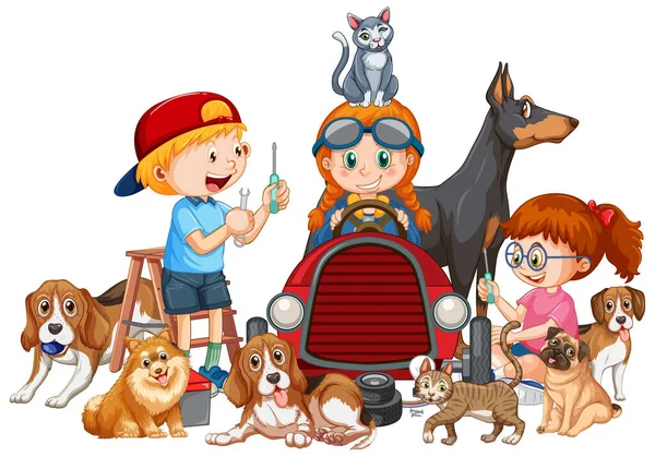 Bambini Felici Con Loro Cani Illustrazione — Vettoriale Stock