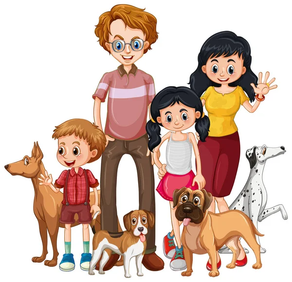 Miembros Familia Con Muchos Perros Ilustración Estilo Dibujos Animados — Vector de stock