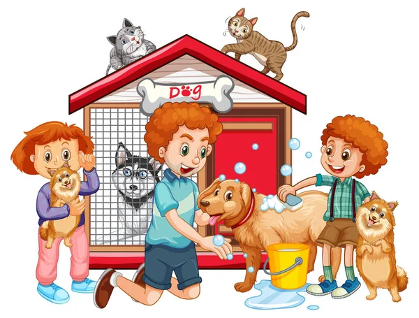 Bambini Felici Con Loro Cani Stile Cartone Animato Illustrazione — Vettoriale Stock