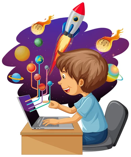 Niño Estudiando Delante Computadora Portátil Con Objetos Espaciales Ilustración — Archivo Imágenes Vectoriales