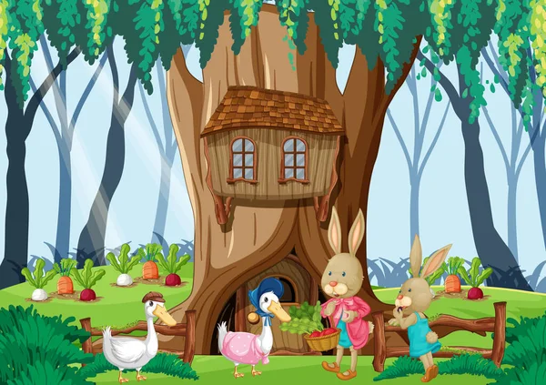 Famille Lapins Vit Dans Une Forêt Enchantée Illustration — Image vectorielle