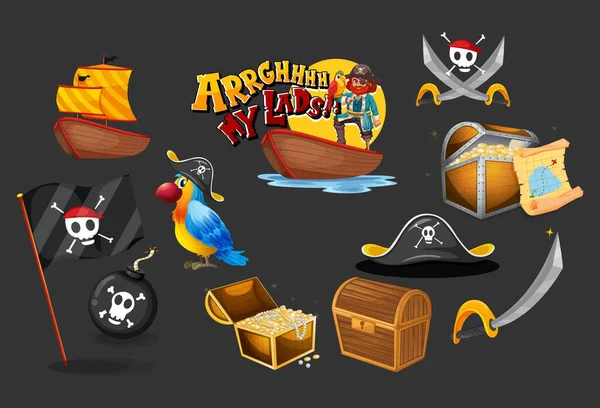 Ensemble Personnages Dessins Animés Pirates Illustration Objets — Image vectorielle