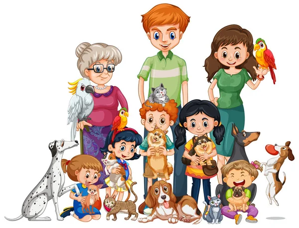 Família Feliz Com Muitos Cães Ilustração —  Vetores de Stock