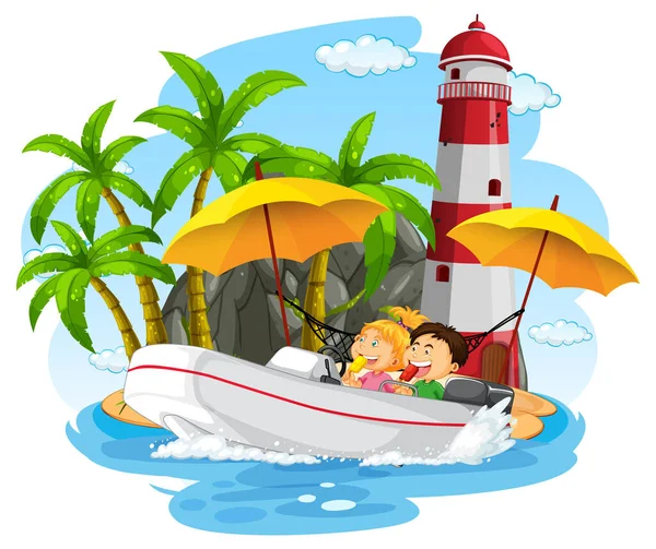 Φάρος Στο Νησί Παιδιά Στο Μηχανοκίνητο Σκάφος Εικονογράφηση — Διανυσματικό Αρχείο