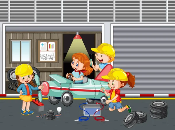 ガレージイラストで一緒に車を修理する子供たち — ストックベクタ