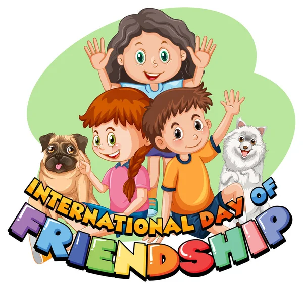 Διεθνής Ημέρα Της Φιλίας Λογότυπο Παιδιά Και Χαριτωμένα Σκυλιά Εικονογράφηση — Διανυσματικό Αρχείο