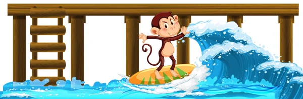 Scimmia Tavola Surf Con Illustrazione Delle Onde Acqua — Vettoriale Stock