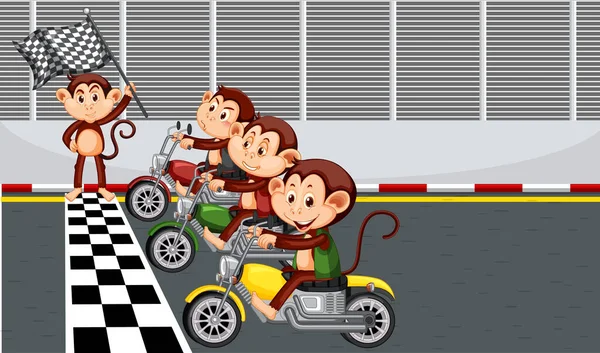 バイクイラストに乗って猿とレーストラックシーン — ストックベクタ