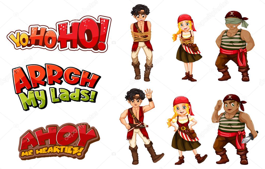 Set of pirate cartoon characters and objects illustration