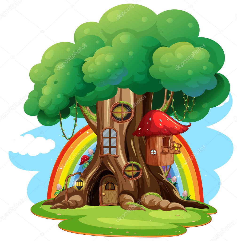 Isolated fantasy tree house on white background illustration