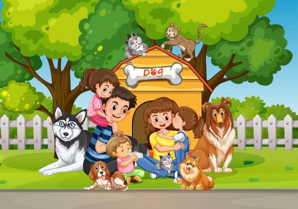 Εξωτερική Σκηνή Την Οικογένεια Και Σκυλιά Τους Εικονογράφηση — Διανυσματικό Αρχείο