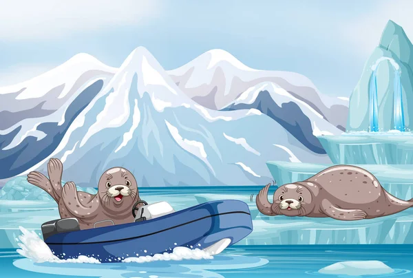 Antarktis Landskap Med Tätning Båt Illustration — Stock vektor
